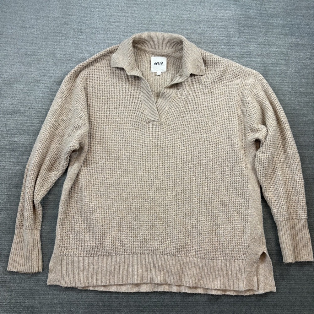 Aerie Cozy Up Waffle Knit Polo Sweaterβ Womens Small Oversized Beige Streach